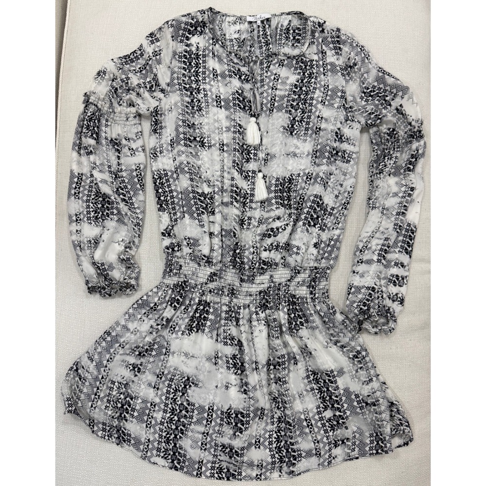 Parker Silk Mini Dress Womens Medium Black White Tribal Print Tassel Excellent